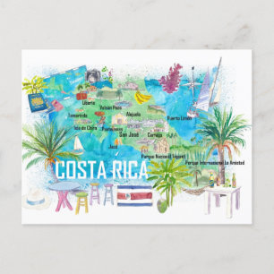 Costa Rica Illustrated Travel Karta med vägar Vykort