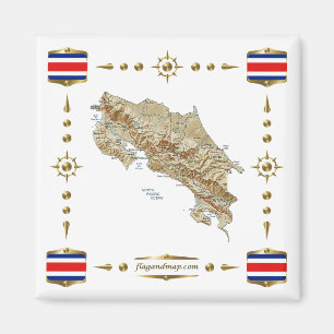Costa Rica Karta + Flaggor Magnet