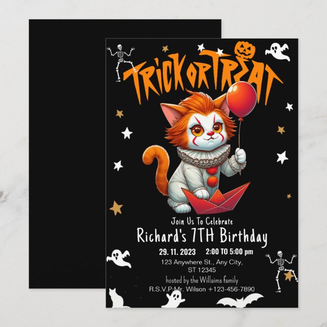 Costume Bus eller godis Halloween Cat Birthday Par Inbjudningar (Fram/baksida)