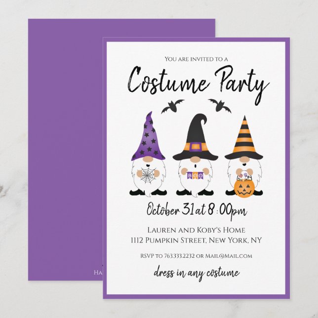 Costume Party Halloween Gnomes Lila Orange Inbjudningar (Fram/baksida)