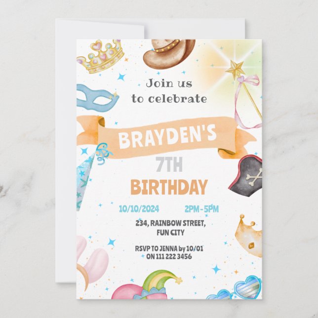 Costume Party Kids Neutralt Dress Up Birday Inbjudningar (Framsida)