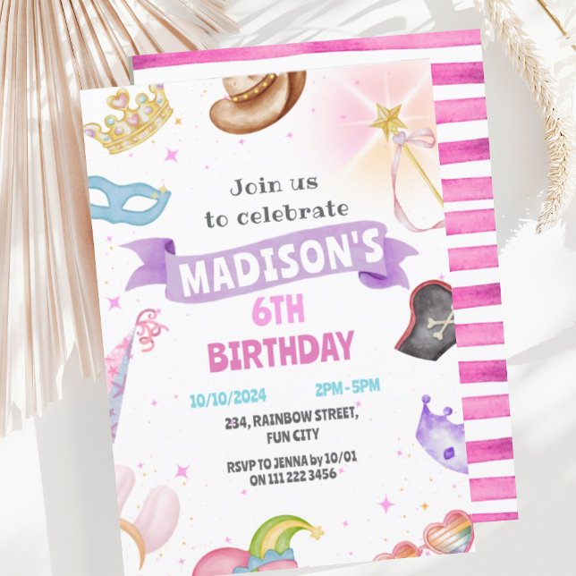 Costume Party Kids Rosa Girl Birthday Inbjudningar (Costume Party Kids Dress Up Birthday Invitation)