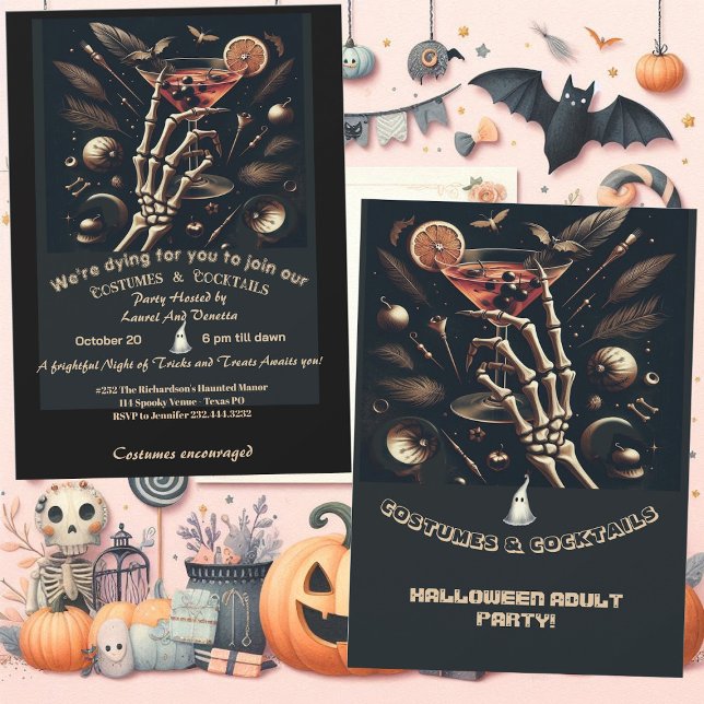 Costumes Cocktails Skeleton Vuxen Halloween fest Inbjudningar (Costumes Cocktails Skeleton Adult Halloween Party Invitation)