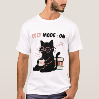 Cosy Mode På Tjejaktig Svart Katt Kaffe Böcker T-S T Shirt