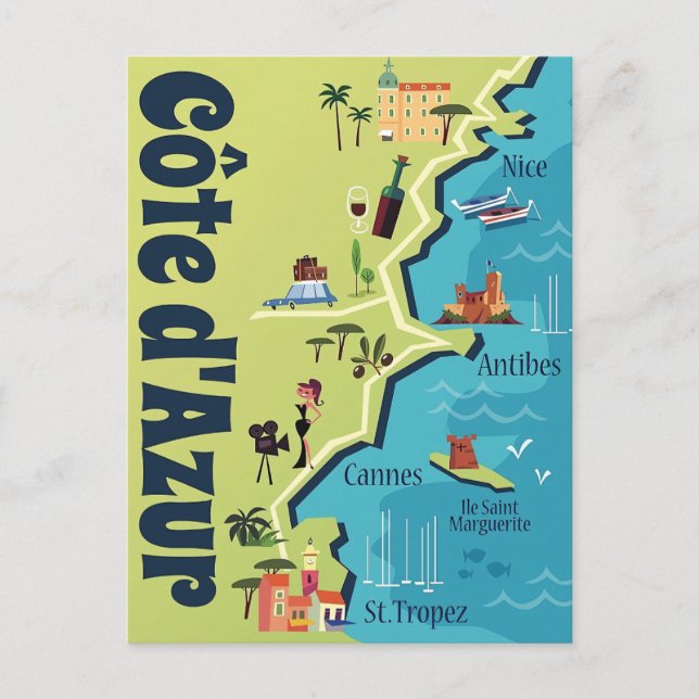 Cote d'Azur illustrerade karta Vykort (Framsida)