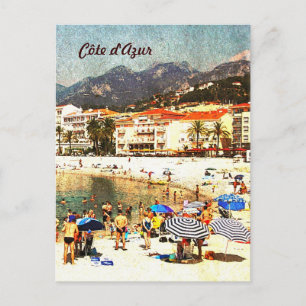 Côte d'Azur, retro-formaterat vykort för strand