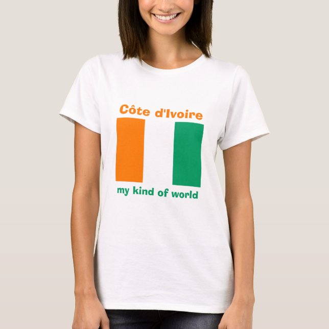 Cote d'Ivoire Flagga + Karta + Text T-Shirt (Framsida)