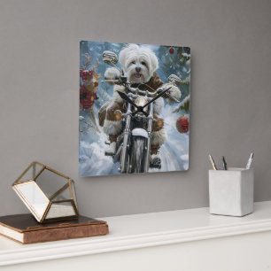 Coton De Tulear Hund Riding Motorcle jul Fyrkantig Klocka