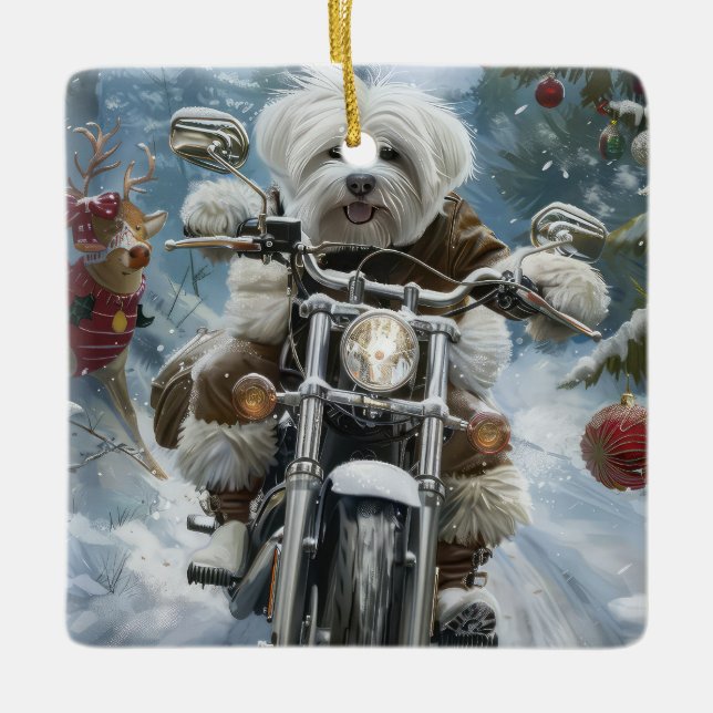 Coton De Tulear Hund Riding Motorcle jul Julgransprydnad Keramik (Framsida)