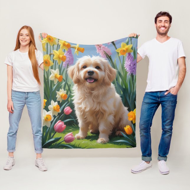 Coton De Tulear Hund Vårblommor Målning Fleecefilt (På plats)