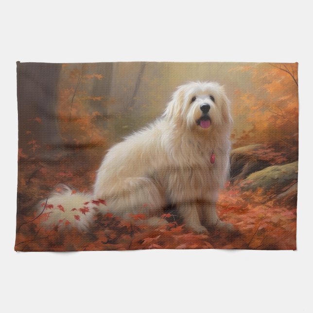 Coton De Tulear i höstlöv Fall Inspire Kökshandduk (Horisontell)