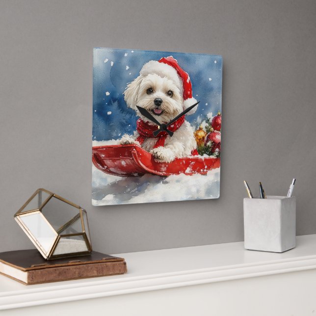 Coton De Tulear i släde Låt det snöa jul Fyrkantig Klocka (Kontor)