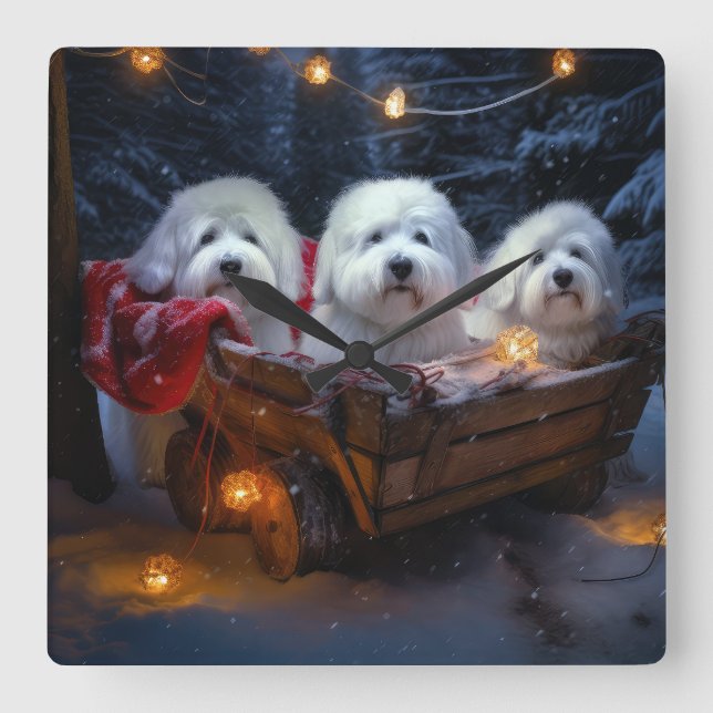 Coton De Tulear Snowy Sleigh-juldekretet Fyrkantig Klocka (Framsida)