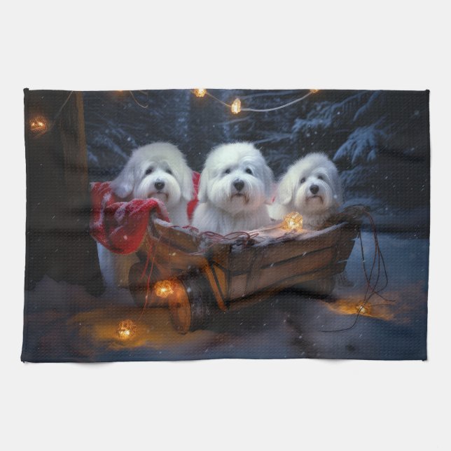 Coton De Tulear Snowy Sleigh-juldekretet Kökshandduk (Horisontell)