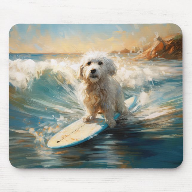 Coton De Tulear Strand Surfing Målning Musmatta (Framsidan)