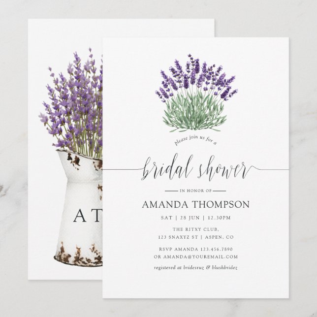Cottage Chic Watercolor Lavendel Bröllopsdusch Inbjudningar (Fram/baksida)