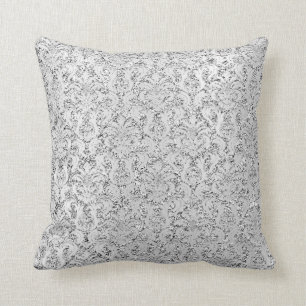Cottage Damask Silver Grått Grått Metallic Glitter Kudde