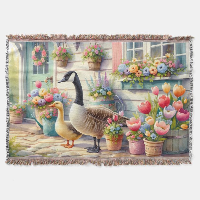 Cottage Garden Geese Spring Illustration Filt (Framsidan)
