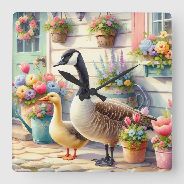 Cottage Garden Geese Spring Illustration Fyrkantig Klocka (Framsida)