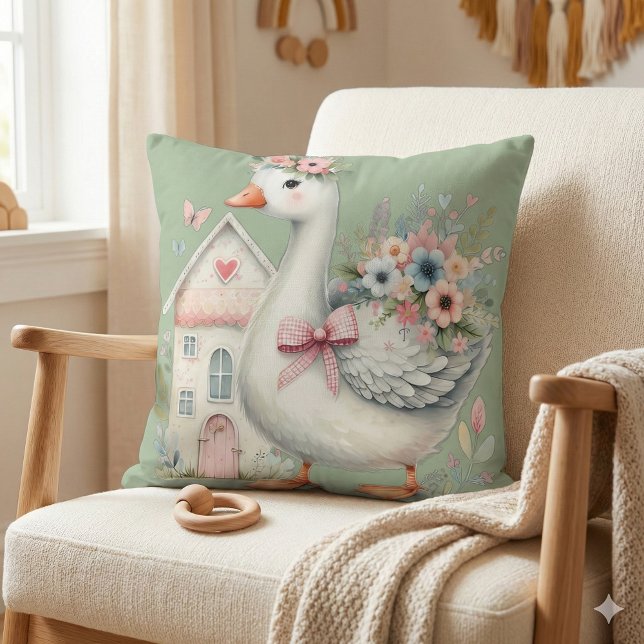 Cottage Goose Blommigt House Scene Kudde (Cottage Goose Floral House Scene Throw Pillow Mockup A)