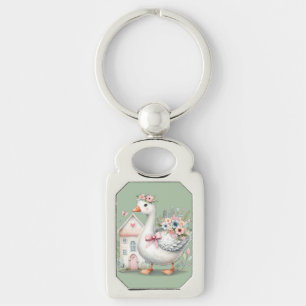 Cottage Goose Blommigt House Scene Rektangulärt Silverfärgad Nyckelring