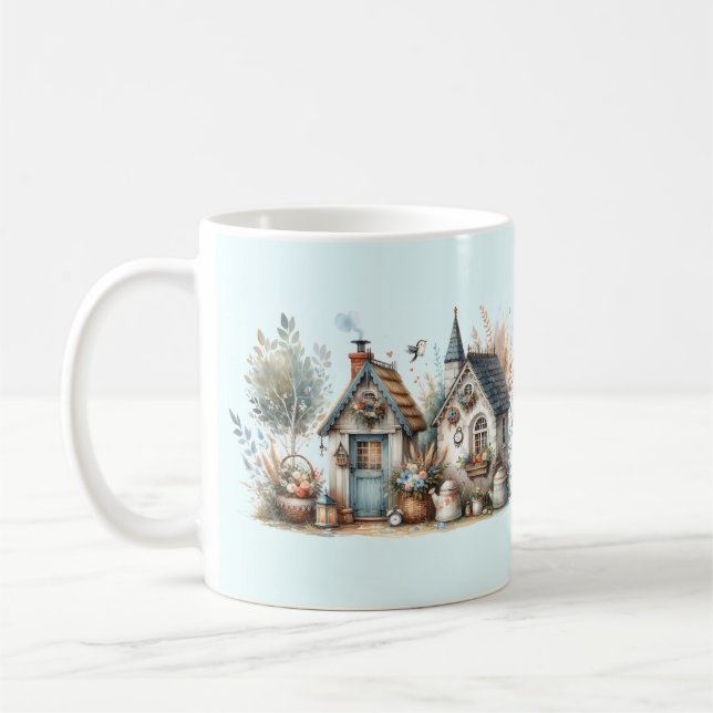 Cottage Haven Blommiga Hem Illustration Kaffemugg (Vänster)
