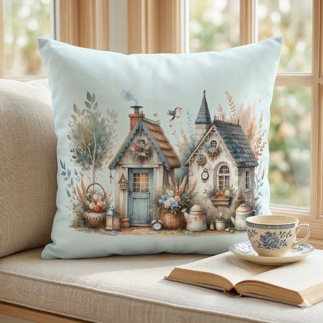 Cottage Haven Blommiga Hem Illustration Kudde (Cottage Haven Floral Homes Illustration Throw Pillow In Window Seat)