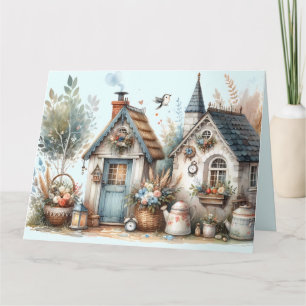 Cottage Haven Blommiga Hem Illustration Tack Kort