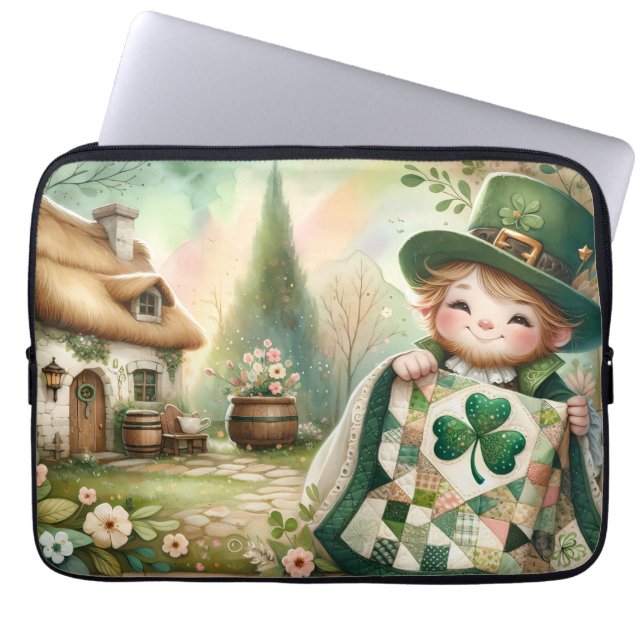 Cottage Leprechaun Patchwork Quilt Scene Laptop Fodral (Framsidan)