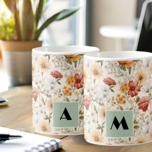 Cottage Meadow Colorful Wildblommor Monogram Kaffemugg