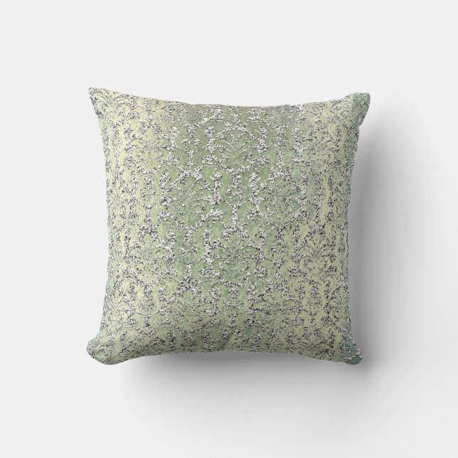 Cottage Mint Grönt Damask Silver Metallic Glitter Kudde (Framsida)