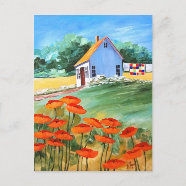 Cottage Quilt & Poppies Vykort (Framsida)