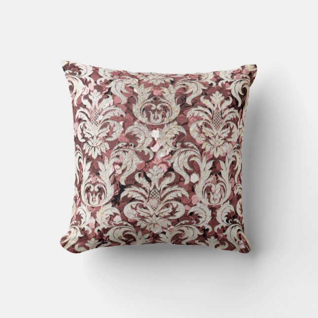 Cottage Rosa ros Maroon Damask Grått Pearl Sequin Kudde (Framsida)