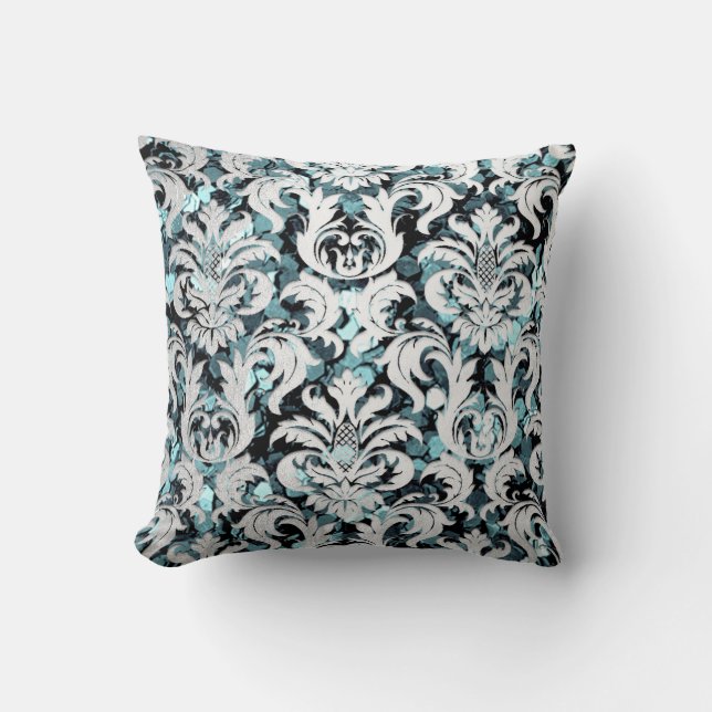 Cottage Teal Aquatic Silver Damask Grått GSequin Kudde (Framsida)