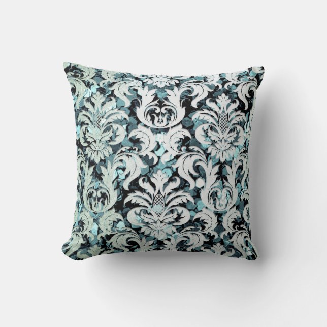 Cottage Teal Mint Parly Damask Grått Sequin Kudde (Framsida)