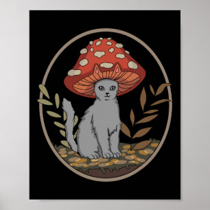 Cottagecore Aesthetic Cat with Mushroom Hat Poster