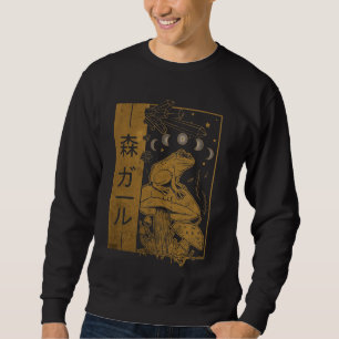Cottagecore Aesthetic Frog Mushroom Måne Soft Grun Lång Ärmad Tröja