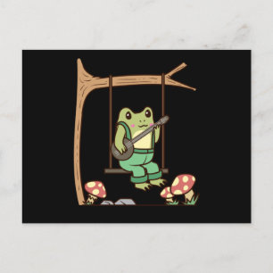 Cottagecore Aesthetic Frog with Banjo and Swing Vykort