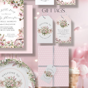 Cottagecore Älv Floral Rosa Bebis Flick Shower Presentetikett