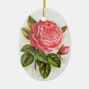 Cottagecore Antik Rosa Ros Blommig Illustration Julgransprydnad Keramik