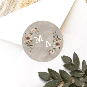 Cottagecore Beige Blommigt WAN Bröllop Monogram Runt Klistermärke