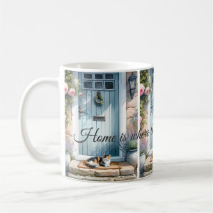 Cottagecore Blommig Veranda med Trefärgad Katt Tex Kaffemugg