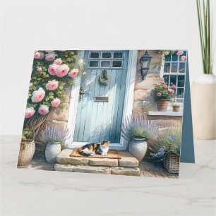 Cottagecore Blommigt Porch med Calico Cat Tack Kort