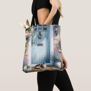 Cottagecore Blommigt Porch med Calico Cat Tygkasse