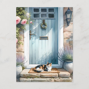 Cottagecore Blommigt Porch med Calico Cat Vykort