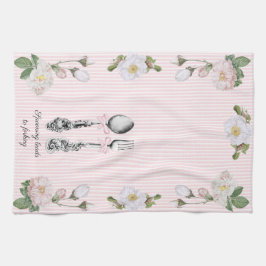 Cottagecore Blommigt Spoon Fork Rosa Ticking Kökshandduk