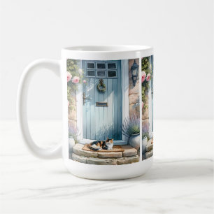 Cottagecore blomsterprydd veranda med kalikot katt kaffemugg