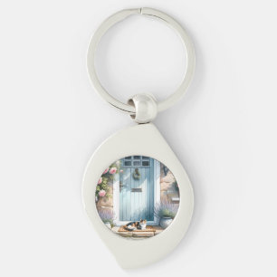 Cottagecore blomsterveranda med kalikot katt swirl silverfärgad nyckelring