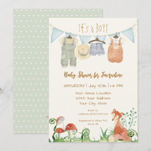 Cottagecore Clothesline Fox Svamp Baby Shower Inbjudningar