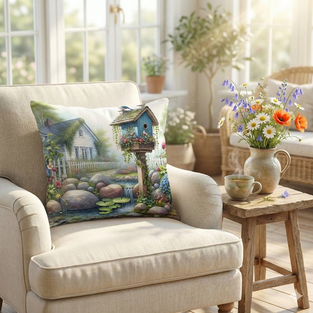 Cottagecore Fågelhus Trädgård Vattenfärg Kudde (Cottagecore Birdhouse Garden Watercolor Throw Pillow Mockup A)